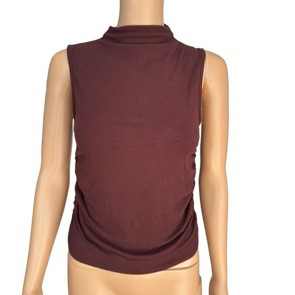 Quarter & brown mock neck robed ruched side top blouse size M